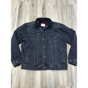 OLD NAVY Mens L Black Denim Sherpa Lined Flannel Trucker Jacket Street Grunge